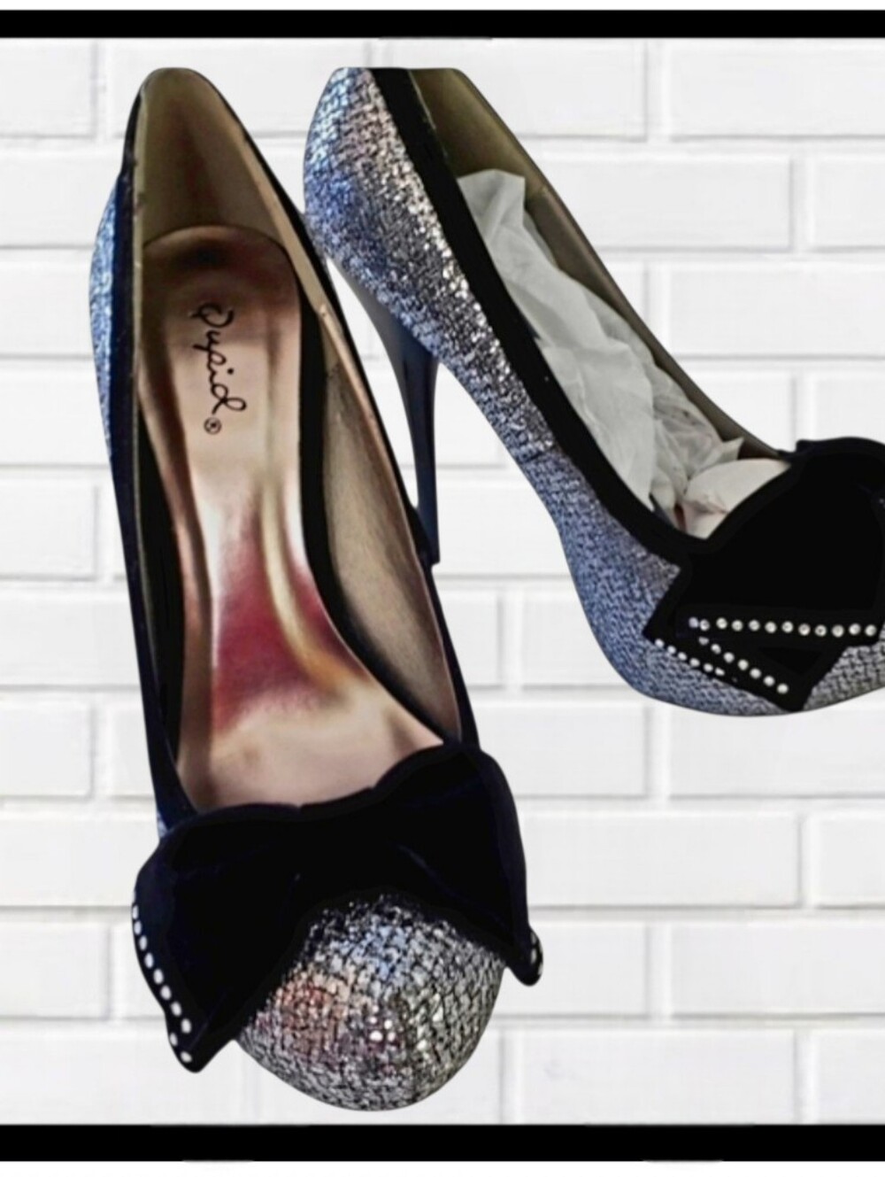 QUPID Stiletto High Heels Silver Sparkly/ Black Bows Sz 6.5 NIB